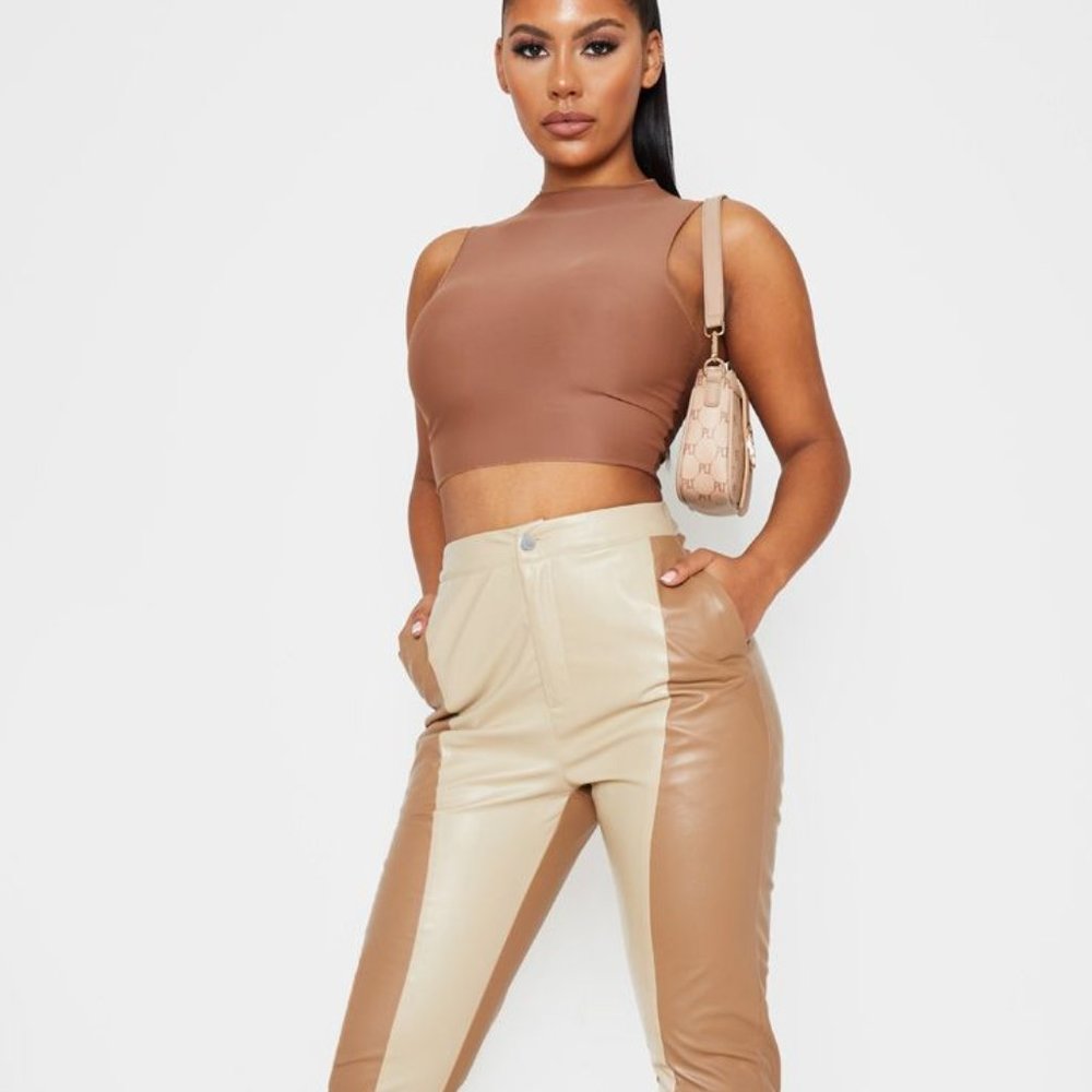 Stone Faux Leather Contrast Panel Pants